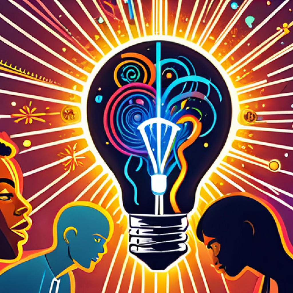 **Prompt:** A vibrant and dynamic illustration of diverse individuals (various ages, ethnicities, professions) collaborating around a central, glowing idea. Light rays and interconnected lines representing flowing thoughts and creative sparks emanate from their heads, converging into a large, innovative light bulb or abstract symbol of a new concept. The atmosphere is energetic, positive, and collaborative, with subtle nods to teamwork and problem-solving. Use bright, engaging colors and a modern, slightly abstract style.