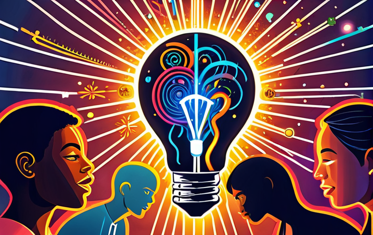 **Prompt:** A vibrant and dynamic illustration of diverse individuals (various ages, ethnicities, professions) collaborating around a central, glowing idea. Light rays and interconnected lines representing flowing thoughts and creative sparks emanate from their heads, converging into a large, innovative light bulb or abstract symbol of a new concept. The atmosphere is energetic, positive, and collaborative, with subtle nods to teamwork and problem-solving. Use bright, engaging colors and a modern, slightly abstract style.