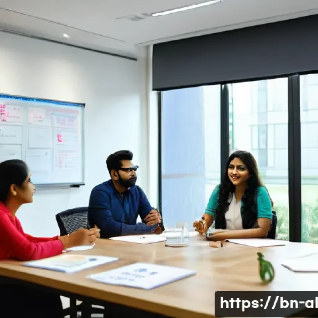 코크리에이션 전략의 실행 계획 수립하기 - A diverse Bengali team in a modern office setting engaged in a lively brainstorming session around a...