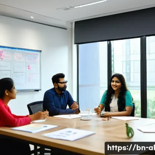Home 33 코크리에이션 전략의 실행 계획 수립하기 - A diverse Bengali team in a modern office setting engaged in a lively brainstorming session around a...