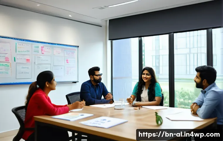 코크리에이션 전략의 실행 계획 수립하기 - A diverse Bengali team in a modern office setting engaged in a lively brainstorming session around a...